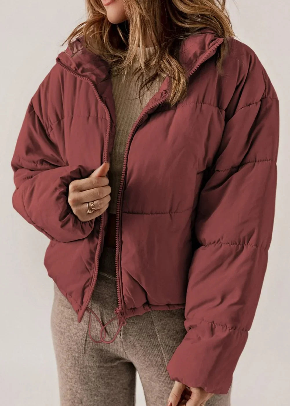 Taupe zip-up collared winter coat