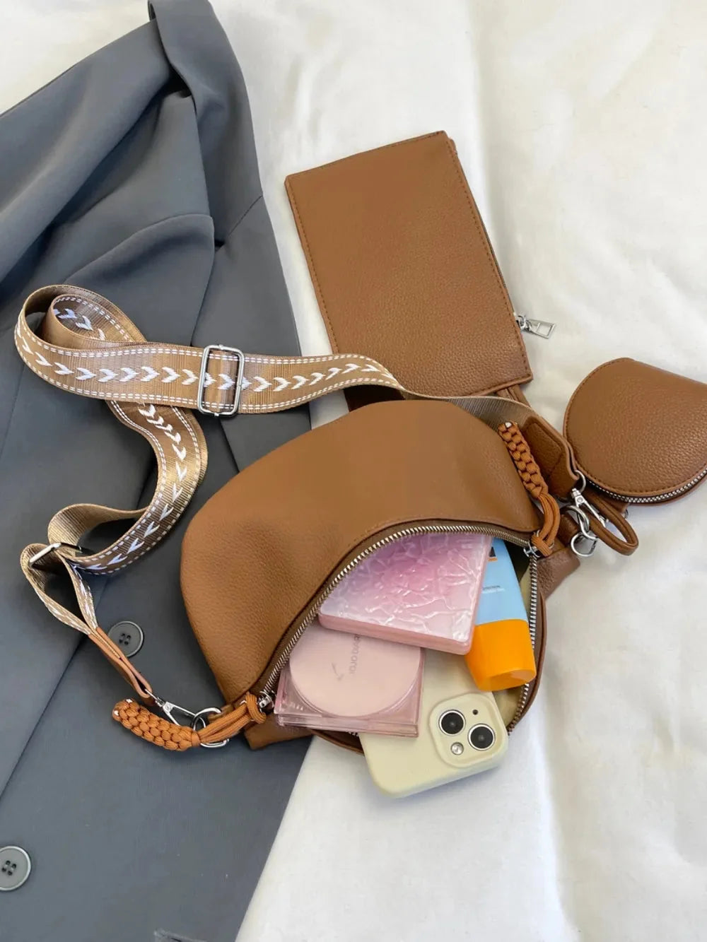 Brown PU Leather Crossbody Bag with Coin Purse