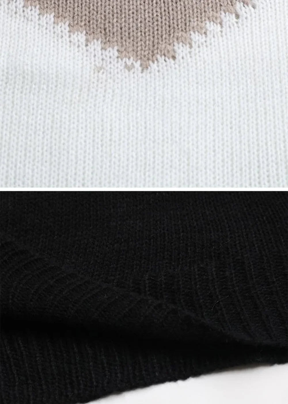 Close-up of a knitted fabric with a diamond pattern in beige and white, and a black ribbed knit texture below.