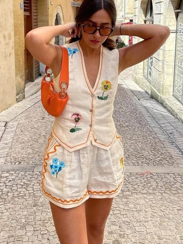 Model wearing the white two-piece set