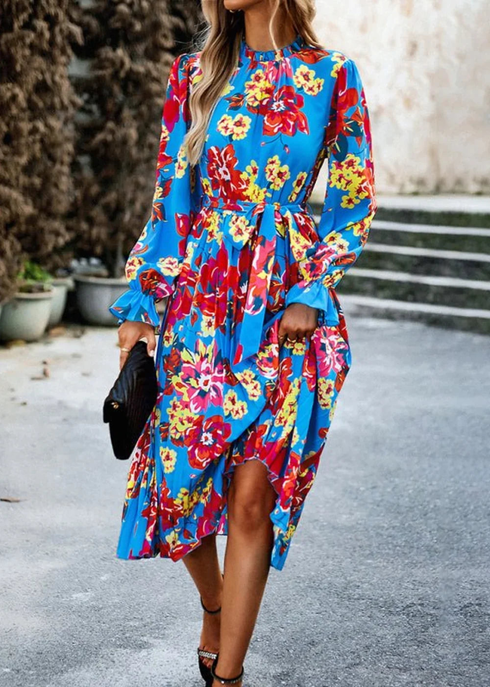 Black printed casual dress with a flowing skirt