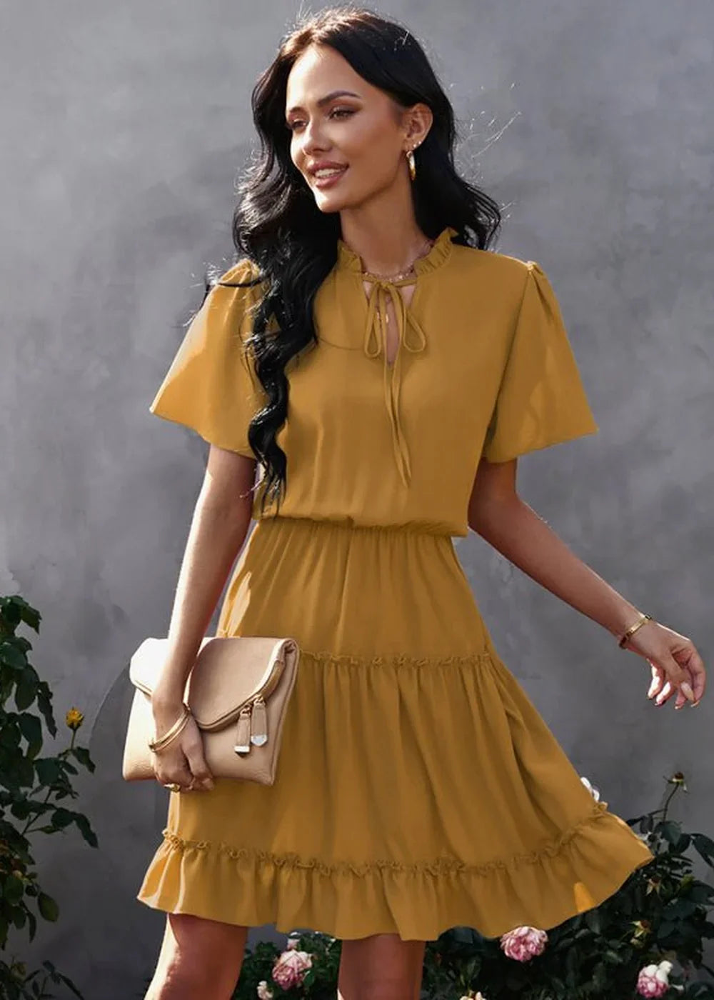 Ginger yellow high neck ruffle dress