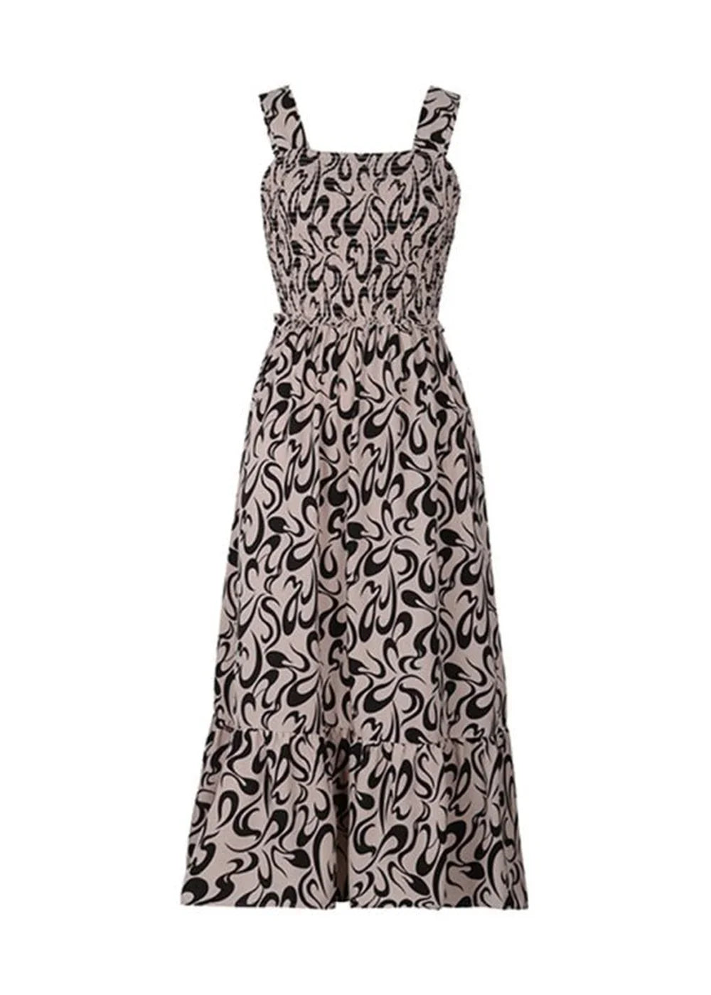 Beige and black abstract patterned smocked maxi dress with square neckline and ruffled hem.