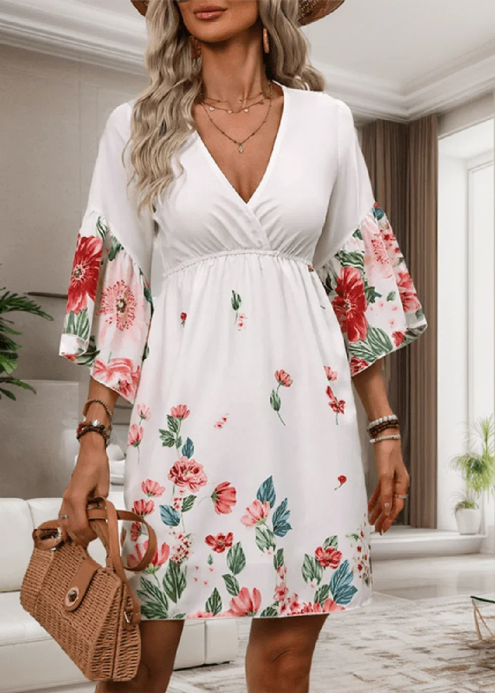 White floral print dress with v-neck and flowy sleeves, on a model holding a straw bag.