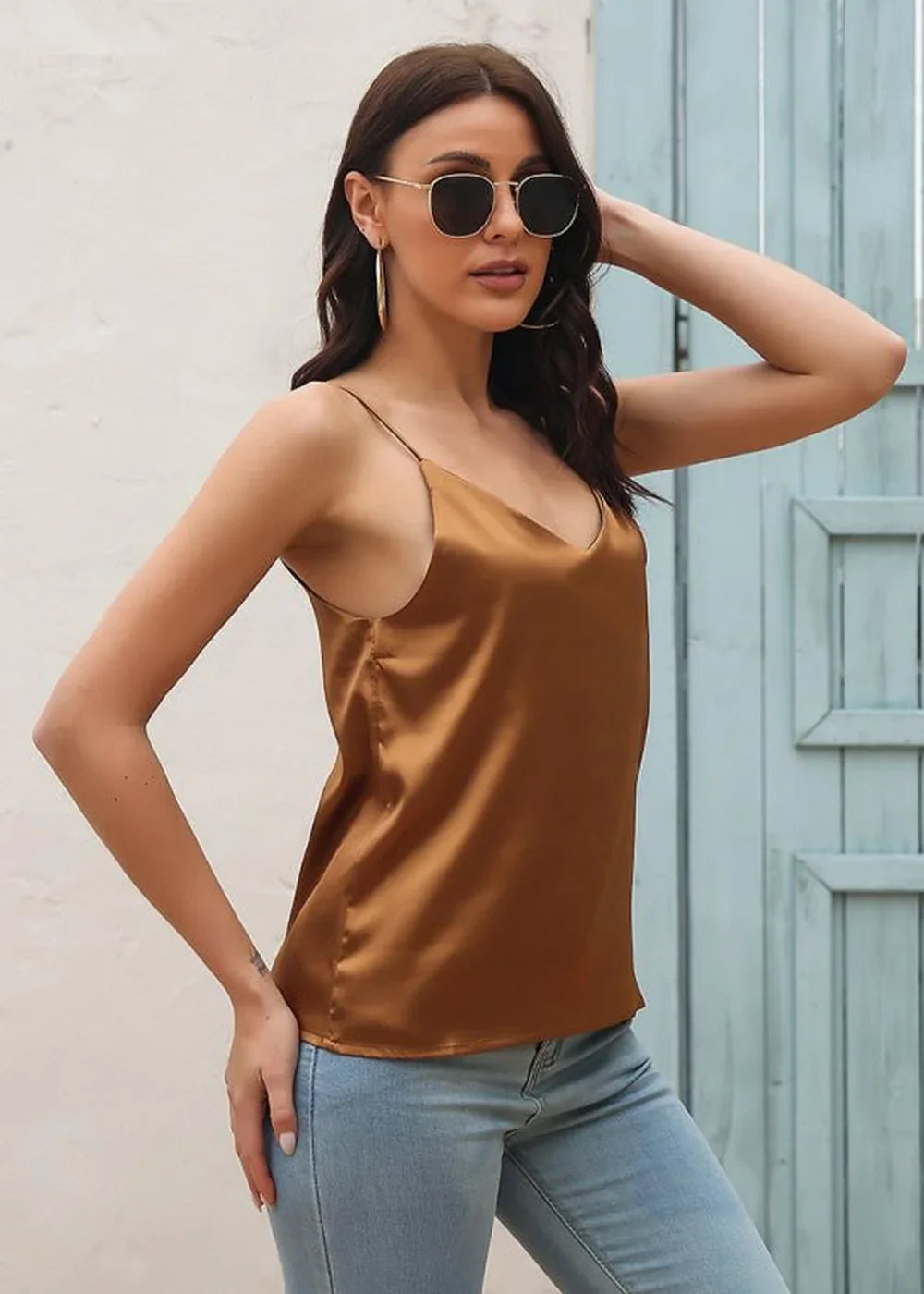 White Satin V-Neck Sleeveless Vest Top