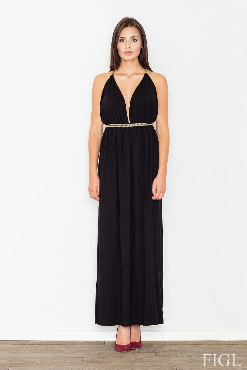 Black knit cocktail dress with gold lacing