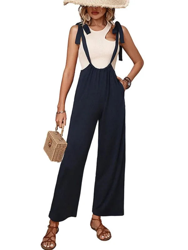 Model wearing casual strap overalls