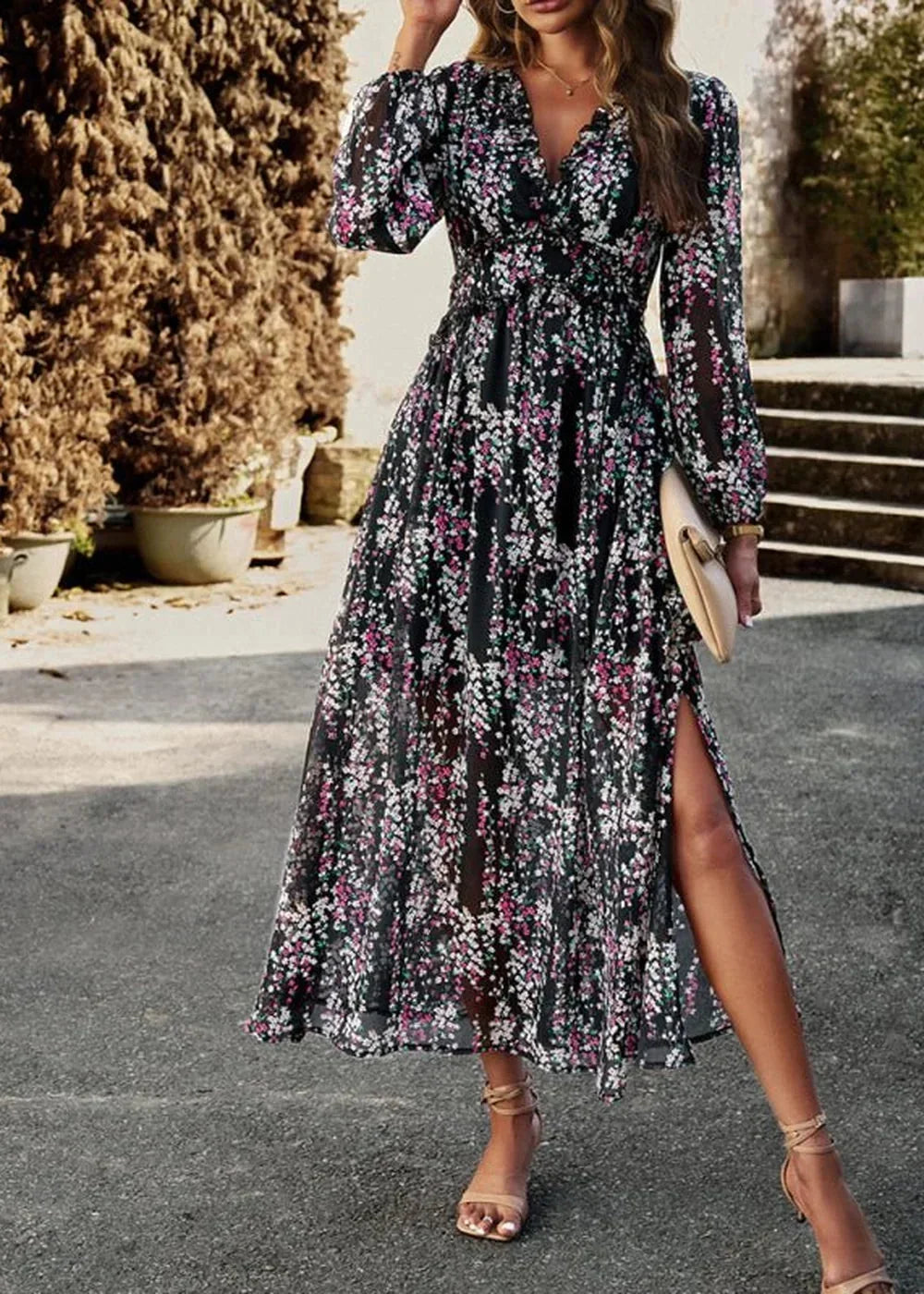 Model wearing a white long sleeve chiffon dress