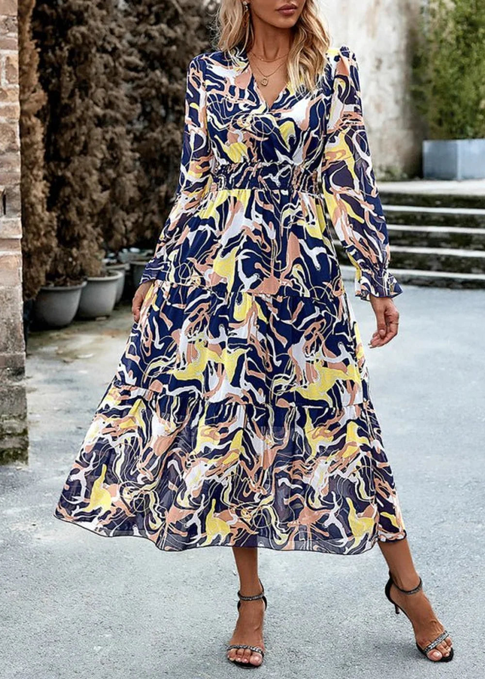 Royal blue printed V-neck vacation dress