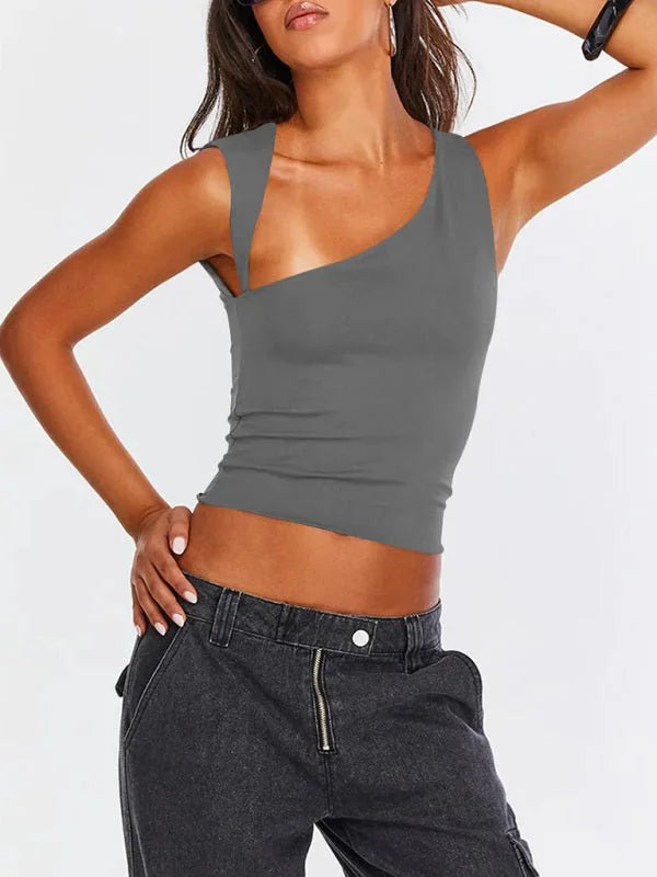 Model wearing a white irregular neckline vest