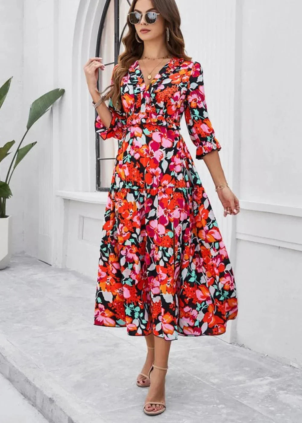 Pink printed V-neck maxi dress