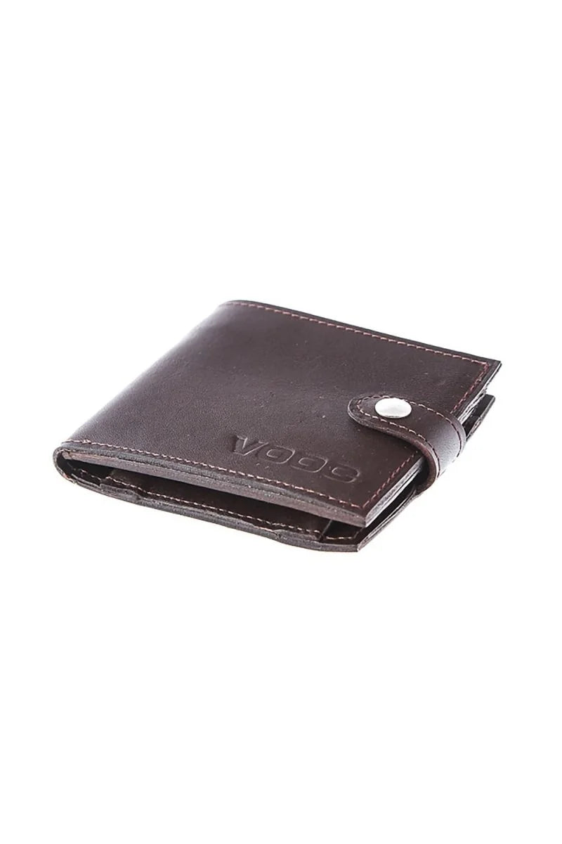 Brown leather bifold wallet with embossed logo and snap closure, side view.