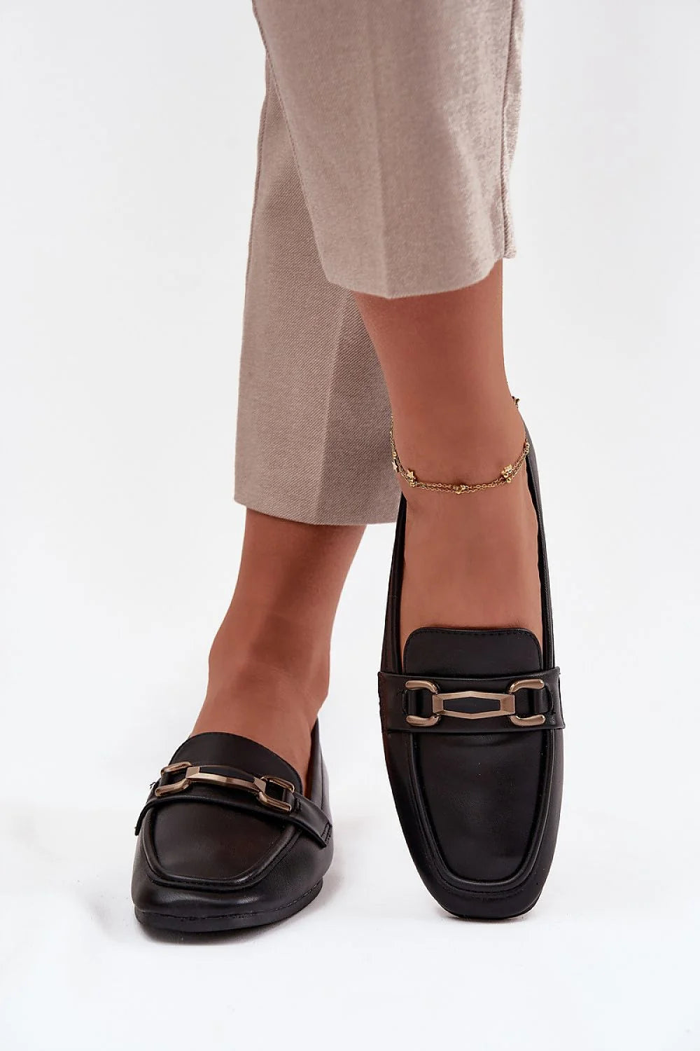 Black Faux Leather Flats with Low Heel