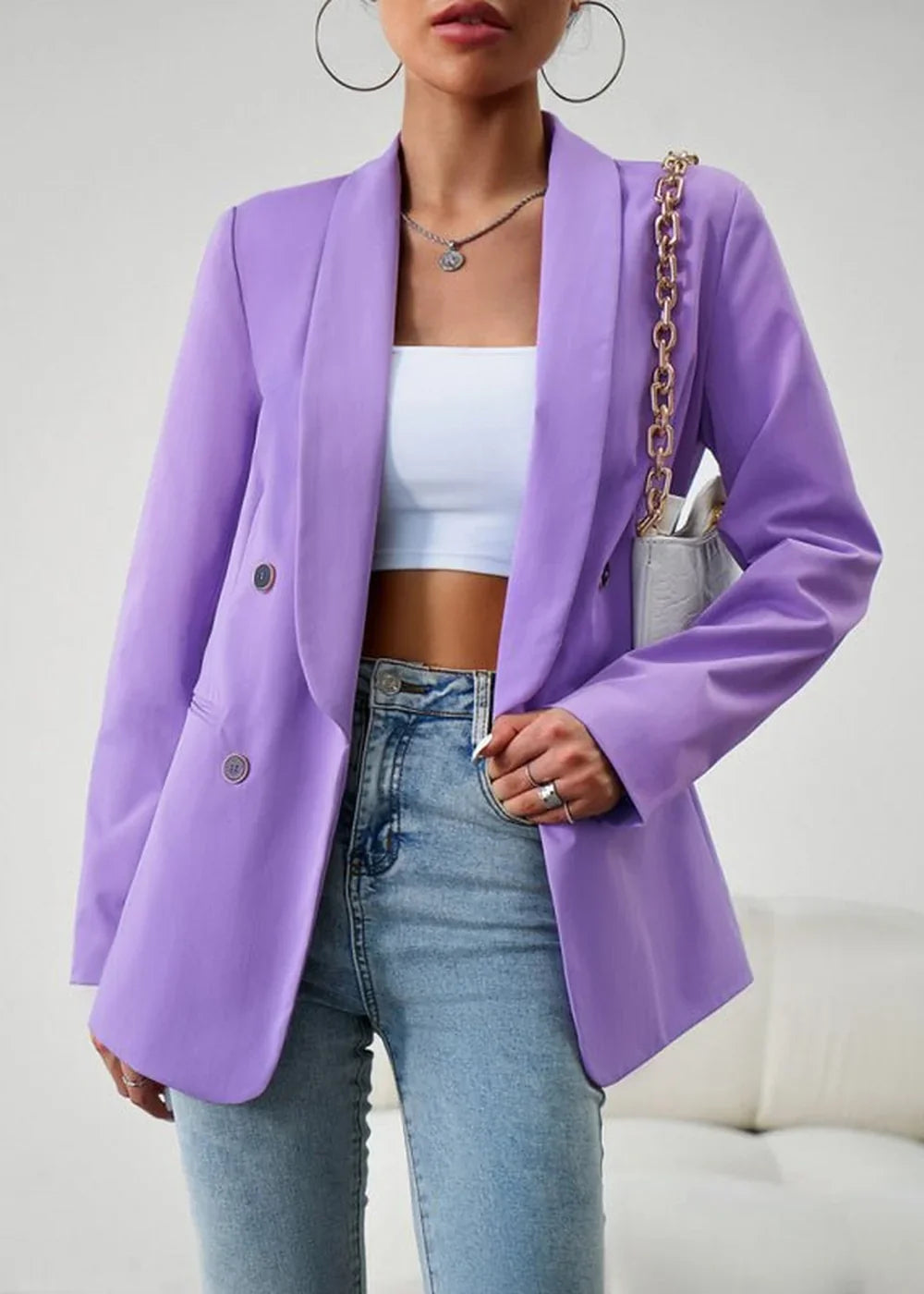 Black double-breasted suit jacket with lapels