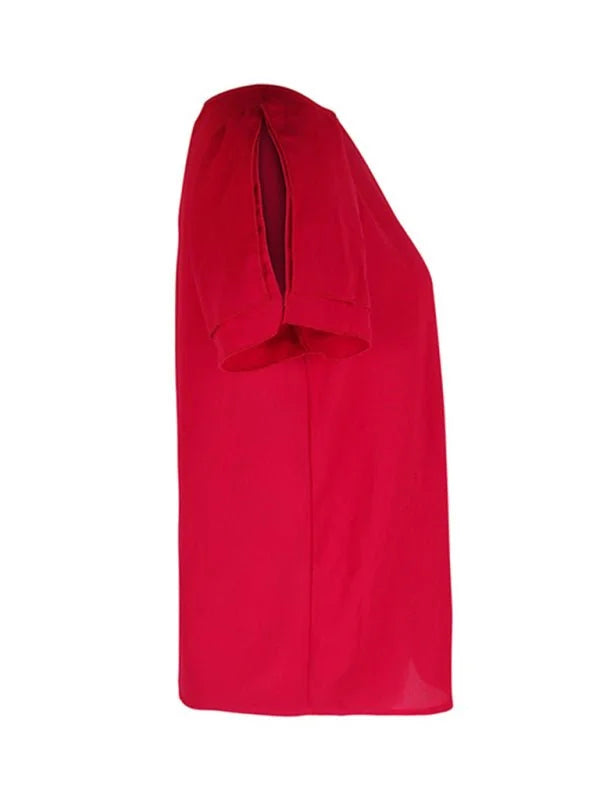 Bright red polyester top with split short sleeves, shown from the side.