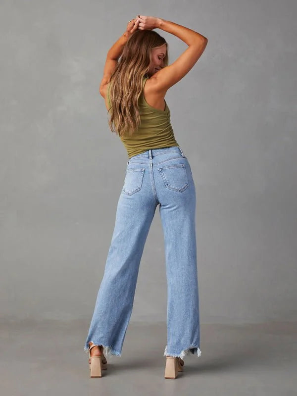 Light blue denim wide-leg jeans with frayed hems, shown from the back on a model.