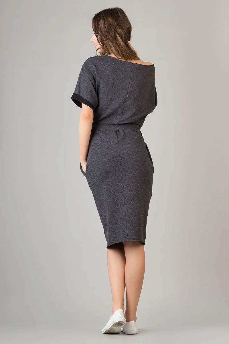 Dark gray relaxed fit cotton blend dress with short sleeves and pockets, shown from the back on a model.