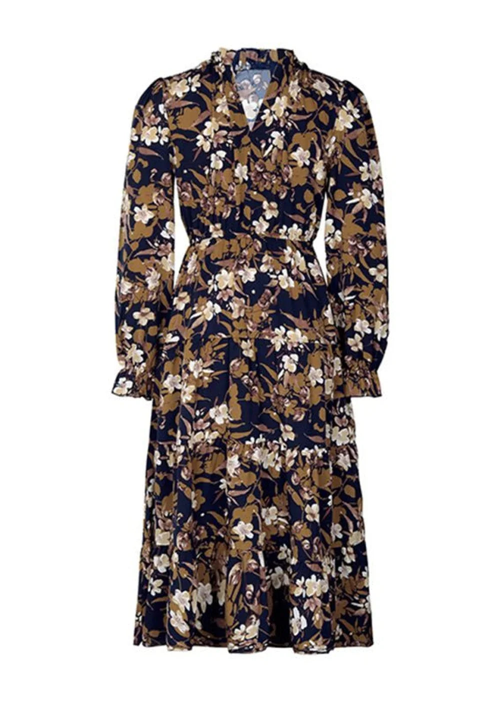 Navy blue dress with a brown and white floral print, long sleeves, and a tiered skirt.
