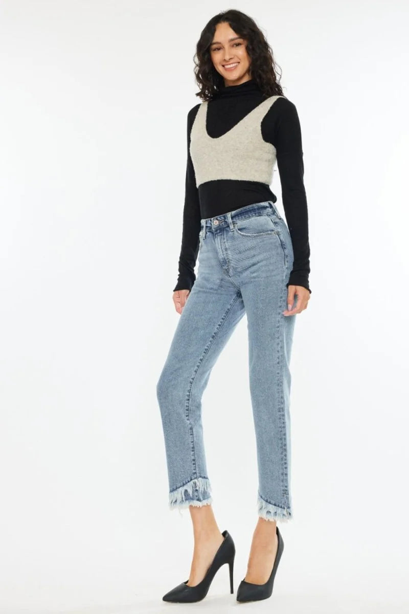 Model wearing straight leg jeans
