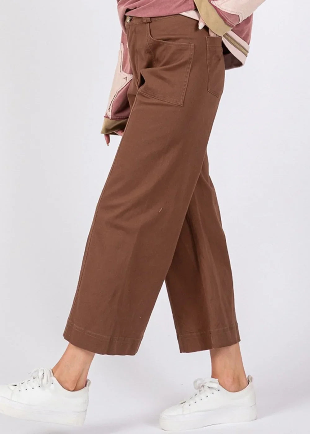 Model wearing mocha wide leg cropped pants