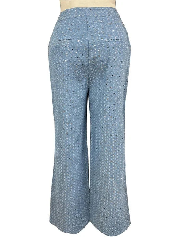 Light blue wide-leg pants with a subtle all-over sequin pattern, showing the back view.