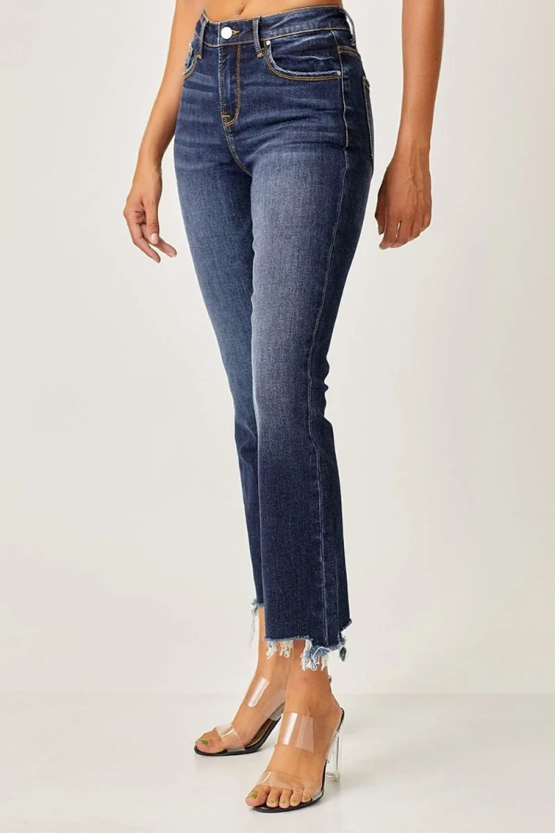 Model wearing cropped straight leg jeans