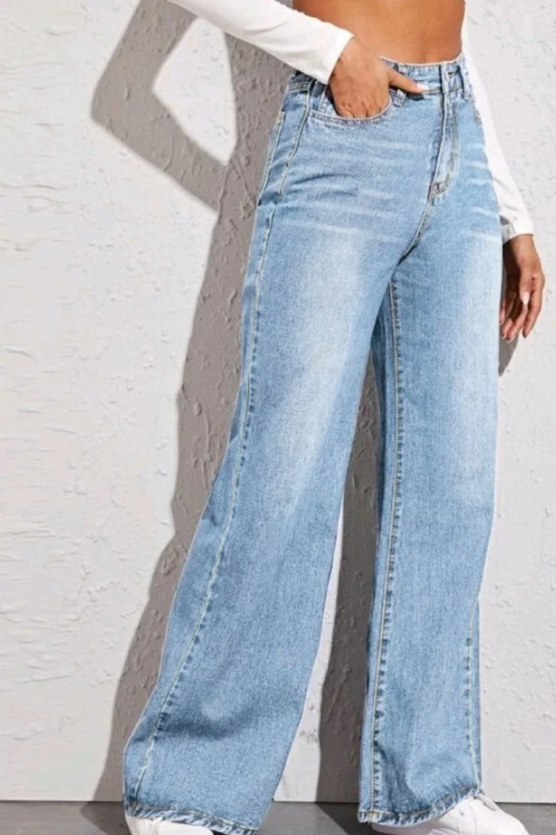 Light wash wide-leg jeans with a high waist and visible stitching.