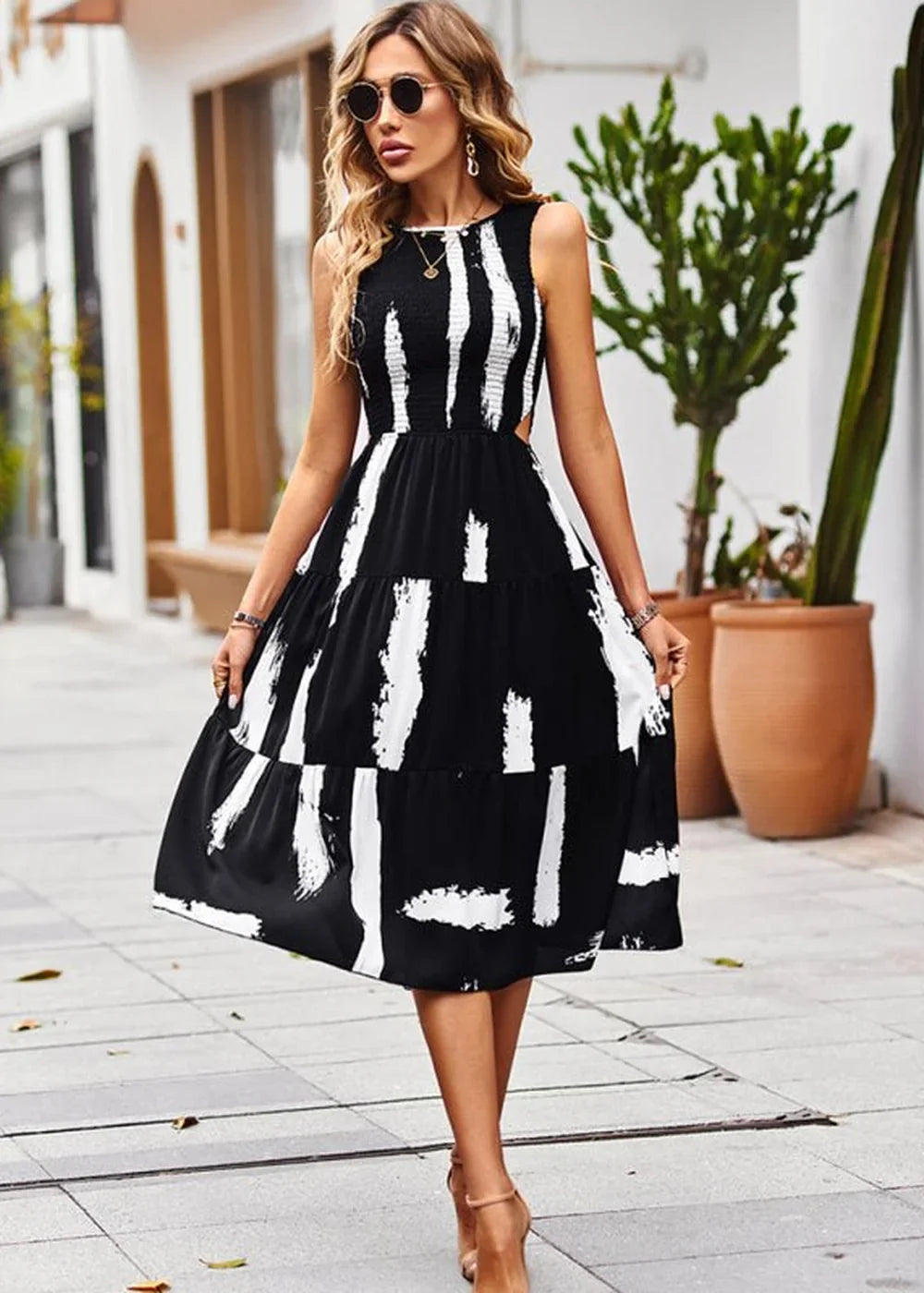 White floral sleeveless casual dress