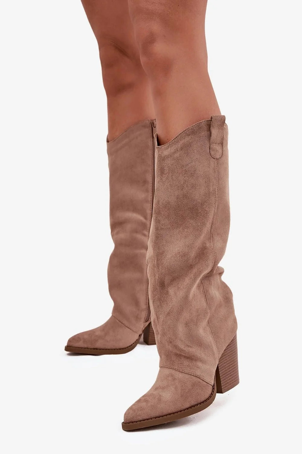 Taupe eco-suede slouchy knee-high boots with block heel, shown on legs.