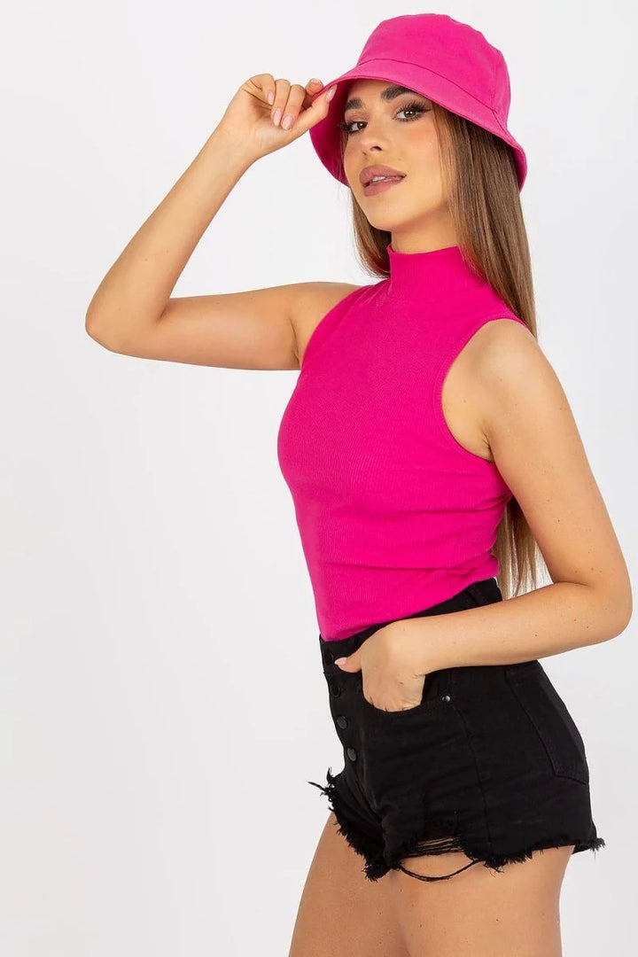 Side view of the pink half turtleneck top