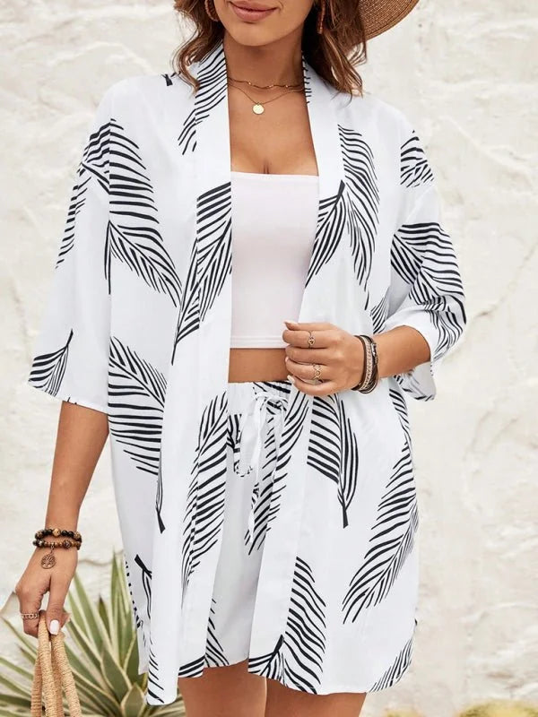 White printed casual resort style cardigan shorts suit