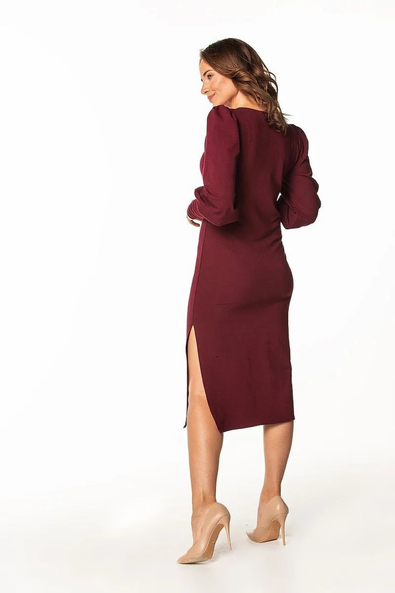 Burgundy long-sleeve dress with a thigh-high slit and puff sleeves, shown from the back on a model.