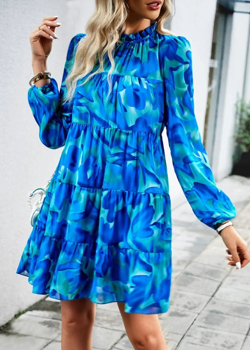 Blue floral print long sleeve midi dress