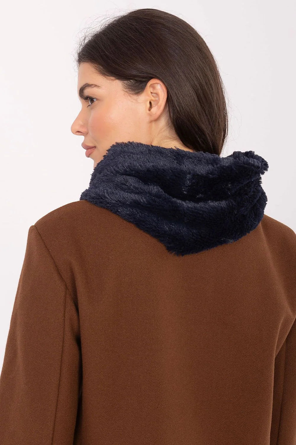 Brown coat with navy blue fuzzy trim around the neck, shown from the back.