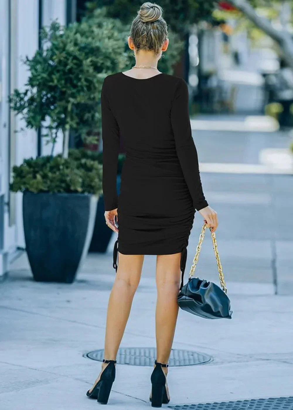 Wine Red long sleeve V-neck slim dress
