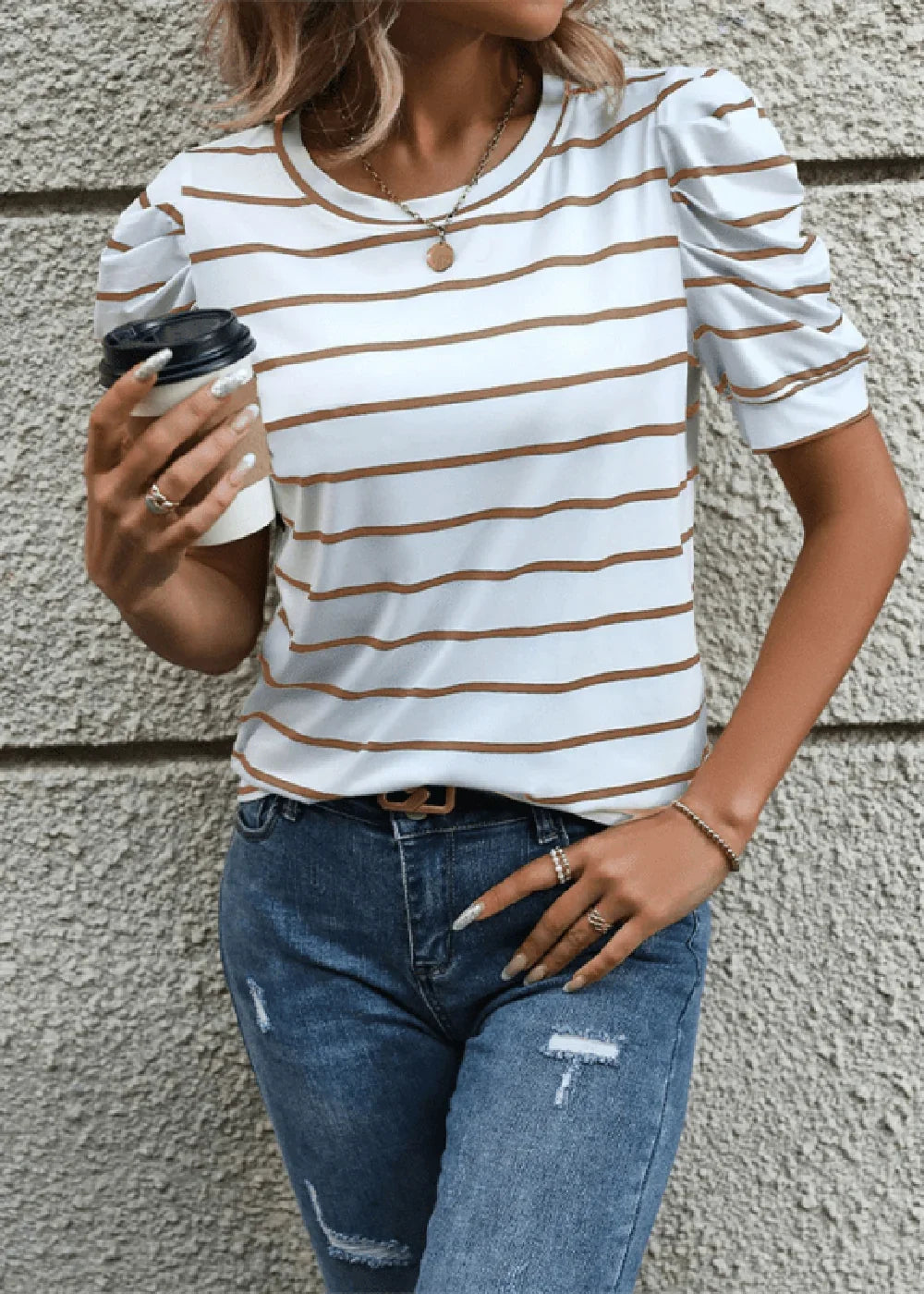Brown striped puff sleeve top