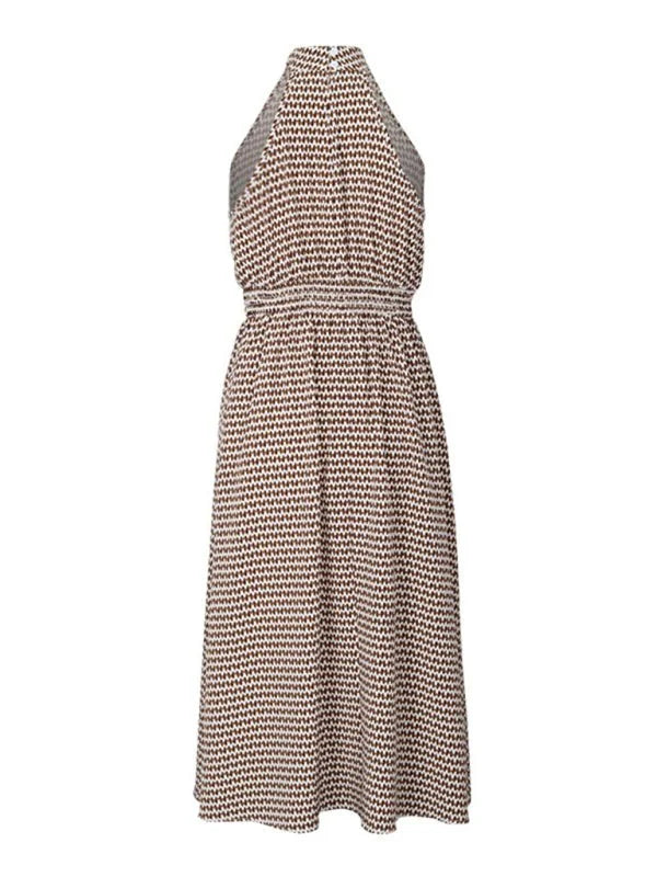 Brown and white textured patterned halter midi dress with a cinched waist, shown on a white background.