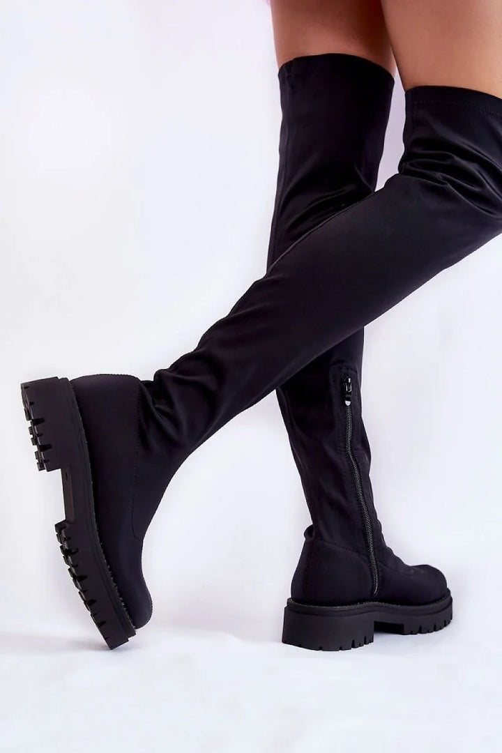 Textile Thigh-High Boots with Zipper and Platform