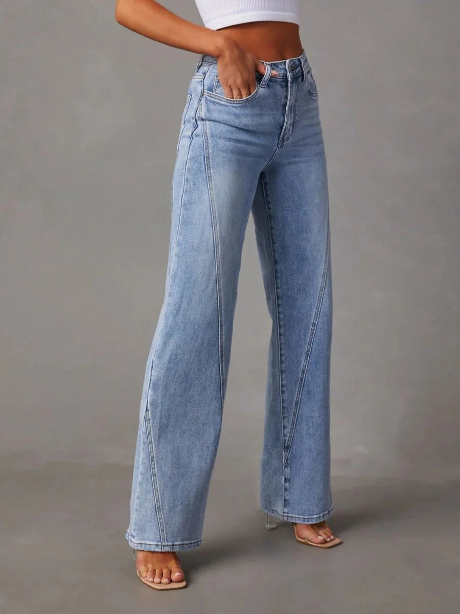 Model wearing the straight leg denim pants