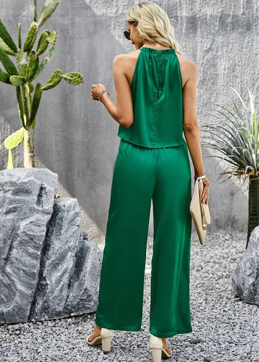 Wine red glossy fabric trousers two-piece set