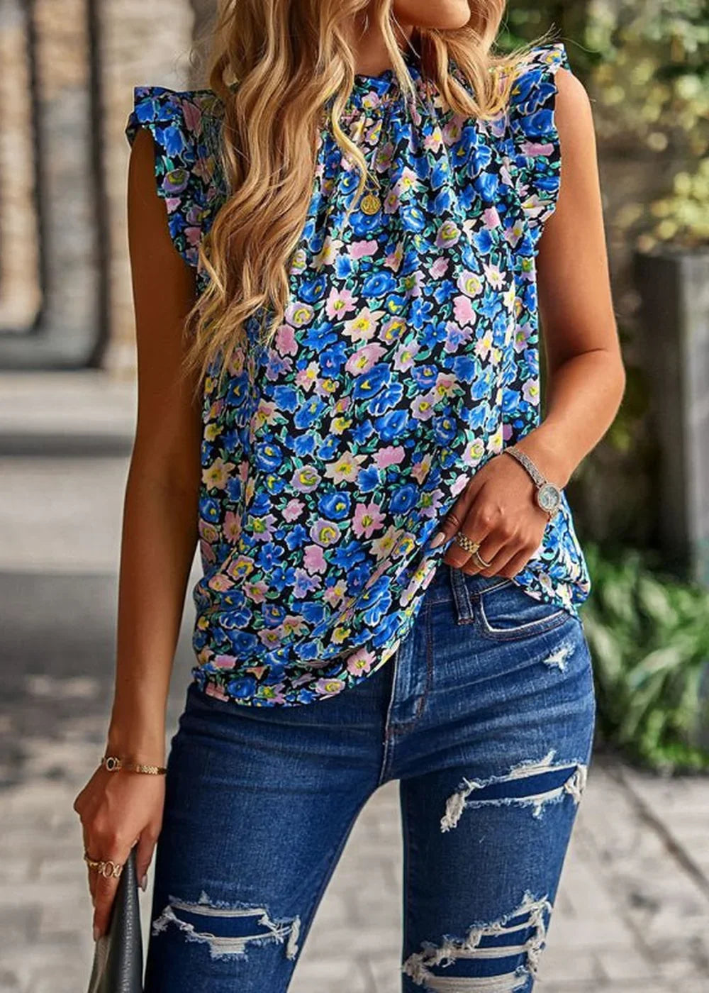 Blue loose floral sleeveless casual top