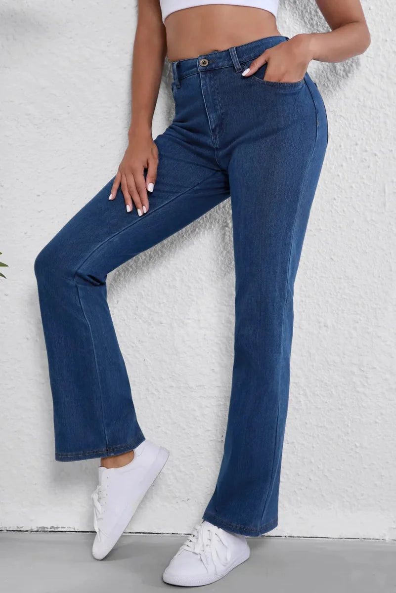 Model wearing straight leg jeans