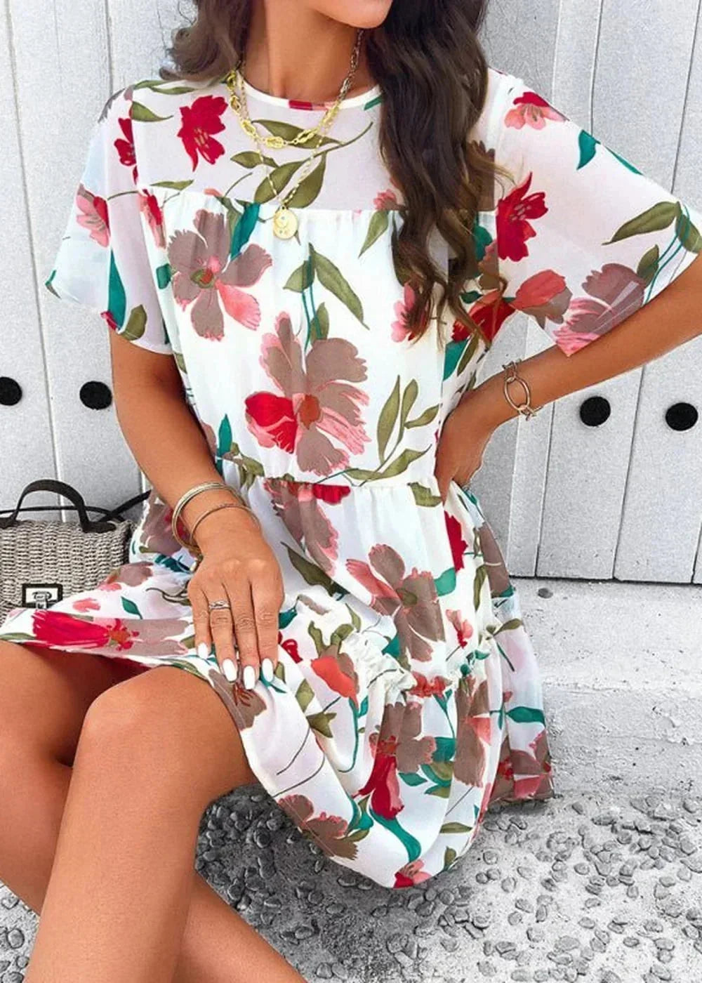 Black floral print short sleeve dress