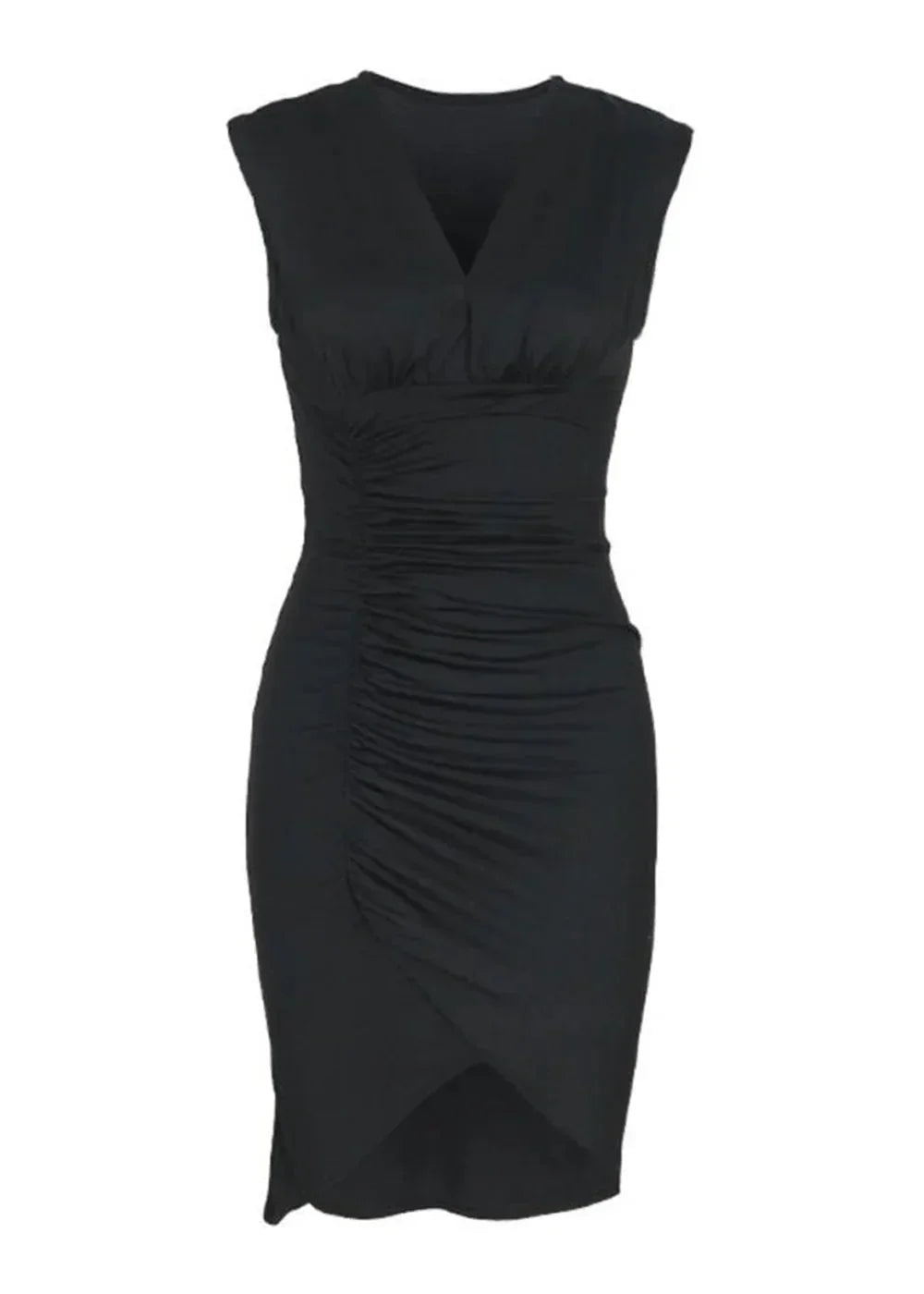 Sleek black sleeveless dress with ruched detailing and a V-neck, slim fit.