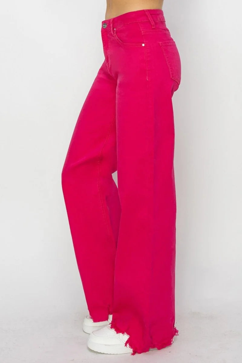 Model wearing fuchsia wide leg jeans