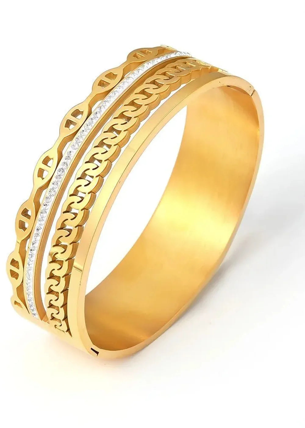 Gold-plated stainless steel bangle with chain and diamond accents.