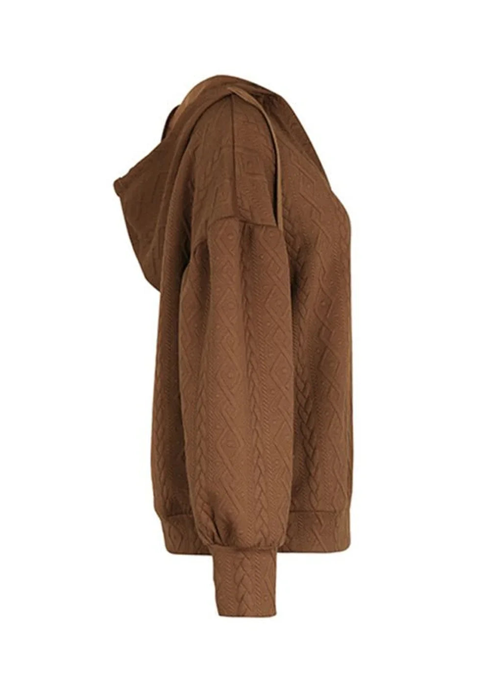Brown textured hoodie with balloon sleeves and ribbed cuffs, side view.