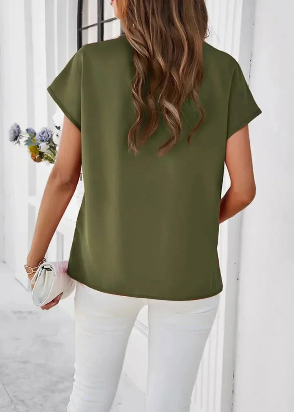 Black V-neck short sleeve casual shirt