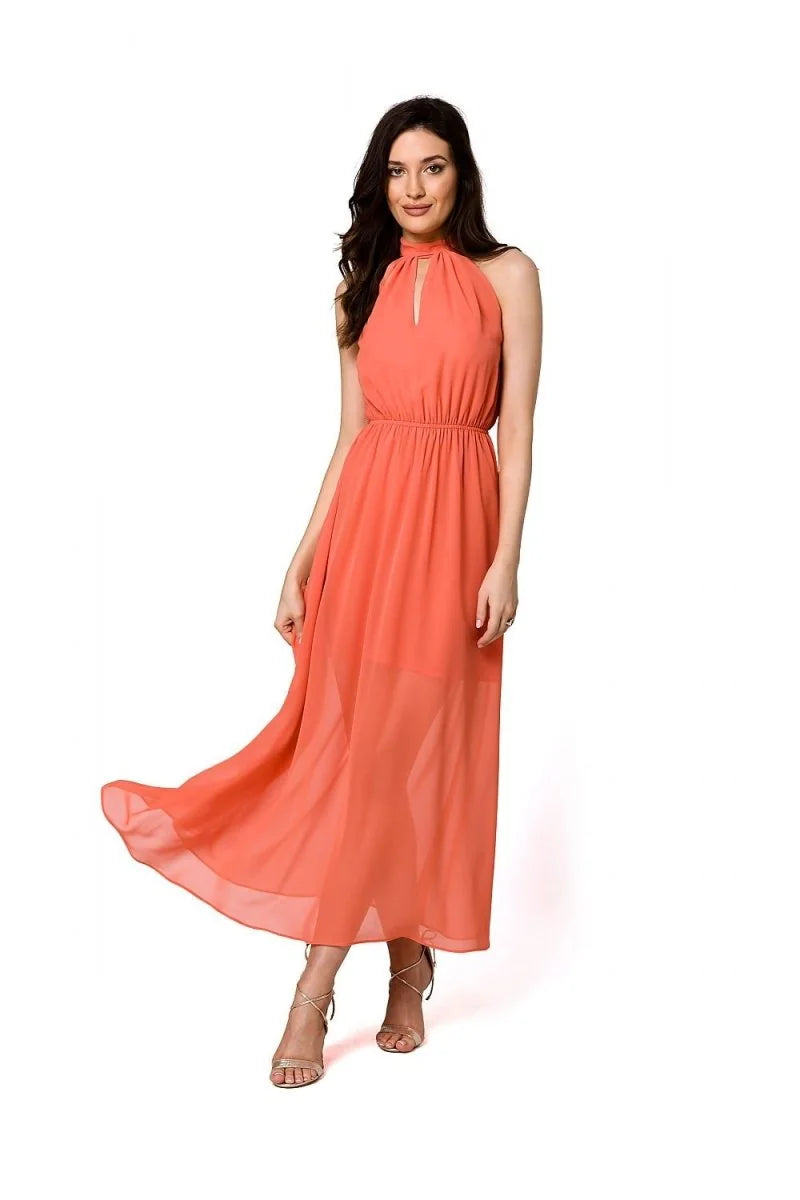 Pink chiffon halter neck midi dress