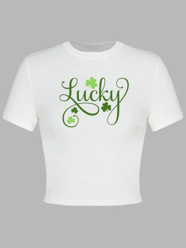 Model wearing green leaf print t-shirt